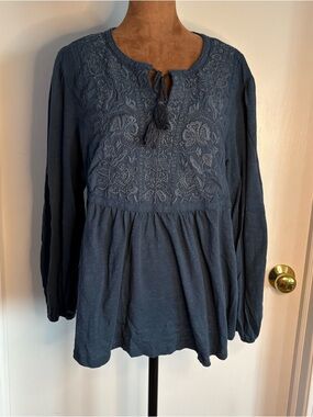 Lucky Brand Teal Blue Embroidered Peasant Tunic Boho Festive XXL